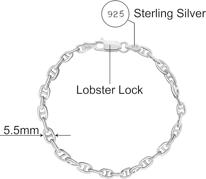 925 Solid Sterling Silver 5.5MM Gucci Mariner Anchor Link Chain Bracelet Italy