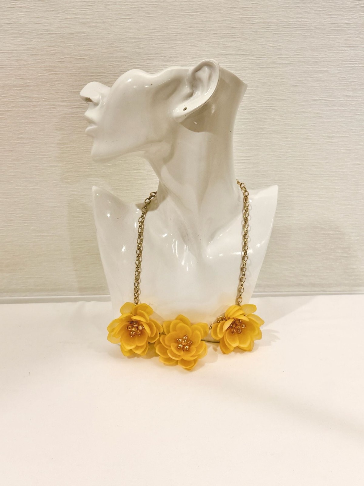 Summer Yellow Floral Statement Necklace with Gold Tone Accents
