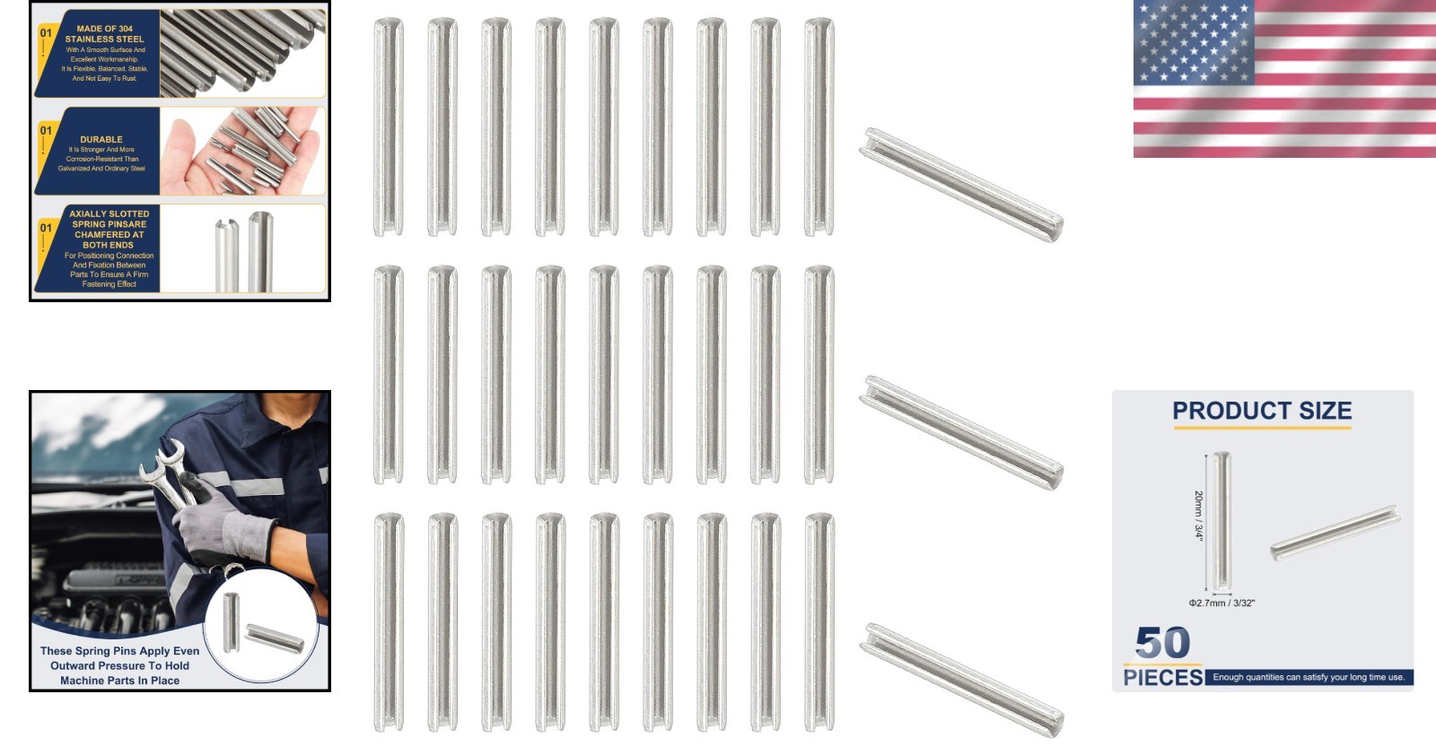 Durable 3/32″ x 3/4″ Slotted Spring Pin Set – 50 Count for Home and Auto Fixes