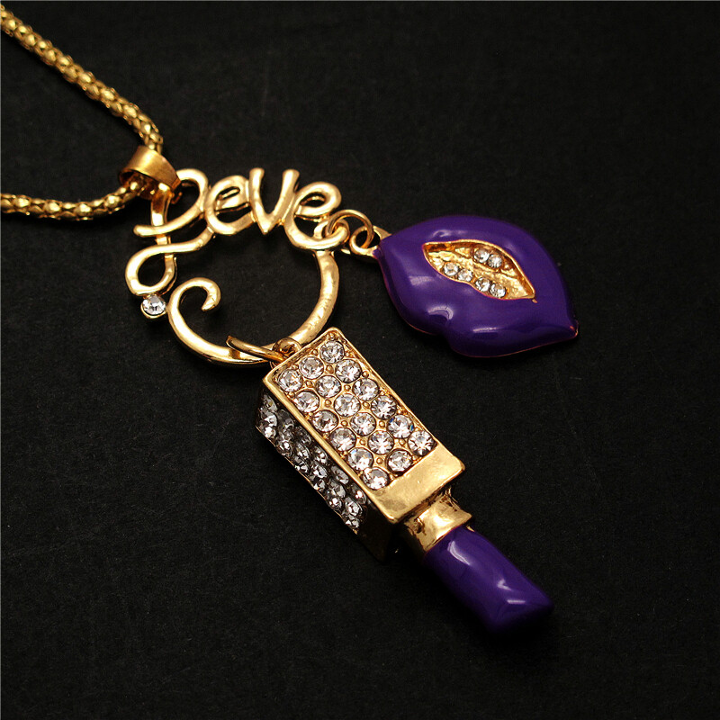 Fashion Women Love Purple Enamel Lips Lipstick Crystal Pendant Chain Necklace