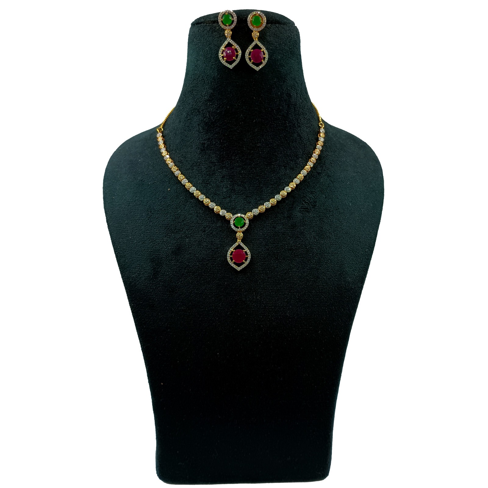 Round Stone Ruby Emerald Necklace Set 22k Gold Plated South Indian Jewelry