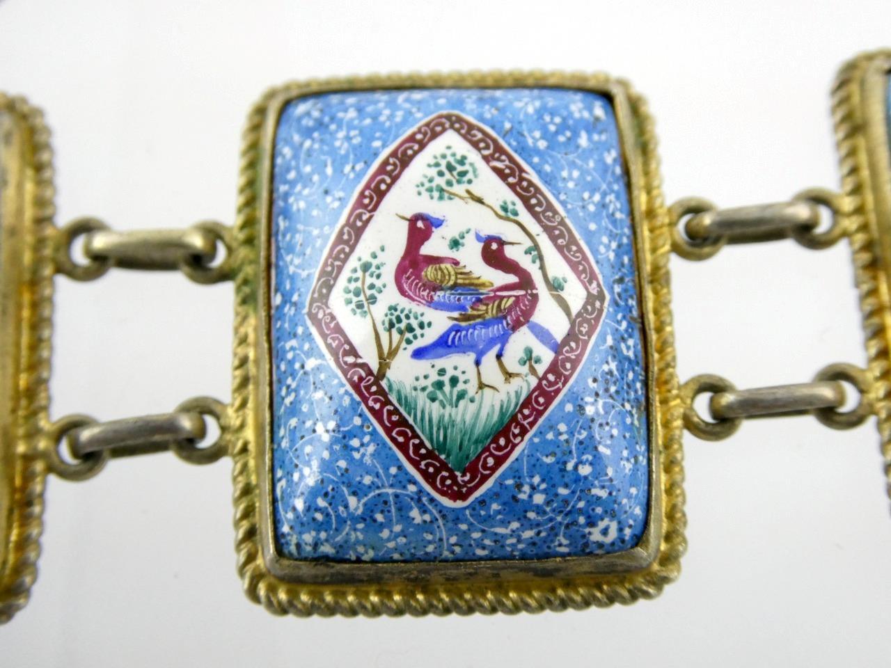Vintage Sterling Silver Enameled Porcelain Panel Bracelet Bird Designs 6 7/8 In