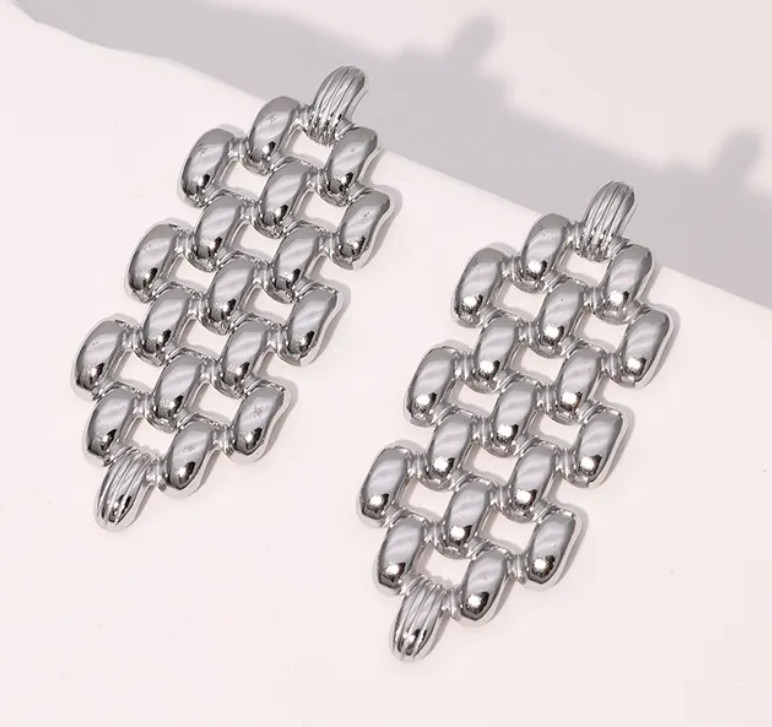 Stainless Steel Hollow Out Chain‑Link Earrings, Geometric Woven Design