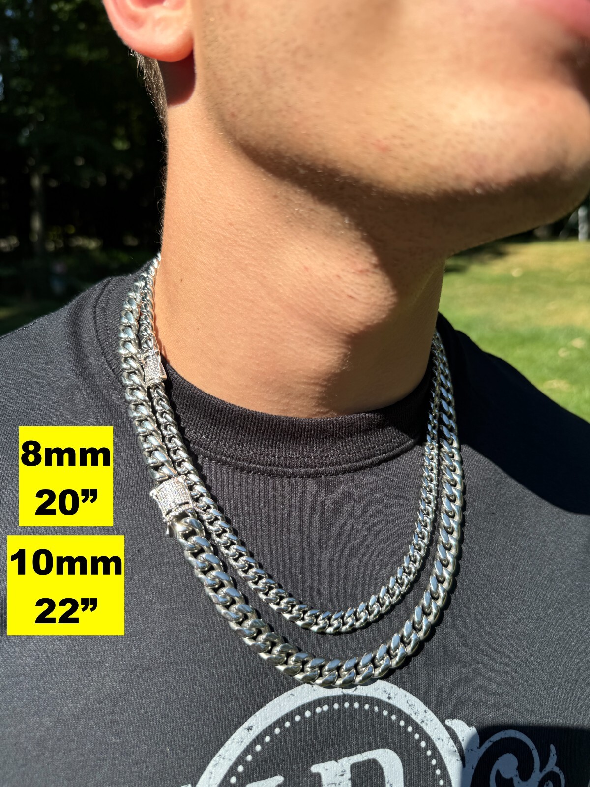 Miami Cuban Link Stainless Steel Chain W. 1ct CZ Iced 925 Silver Clasp 8mm-14mm