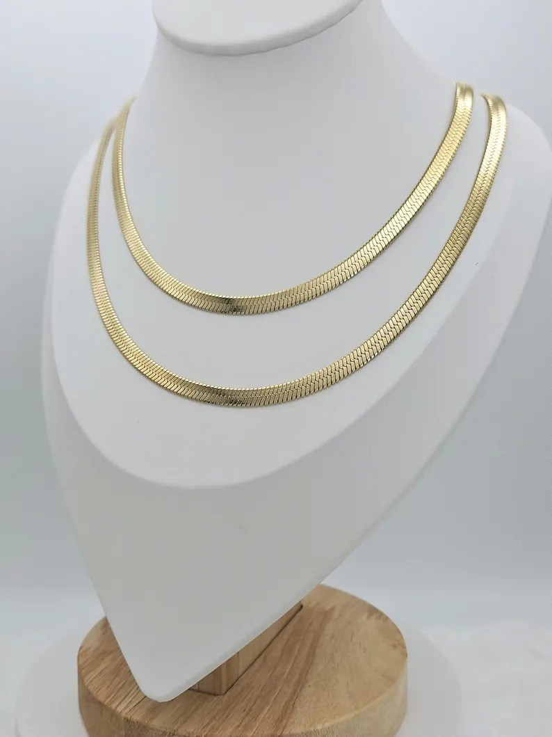 Gold Herringbone Necklace, 5mm Thick, 14k Gold Plated, No Fade, Water Proof