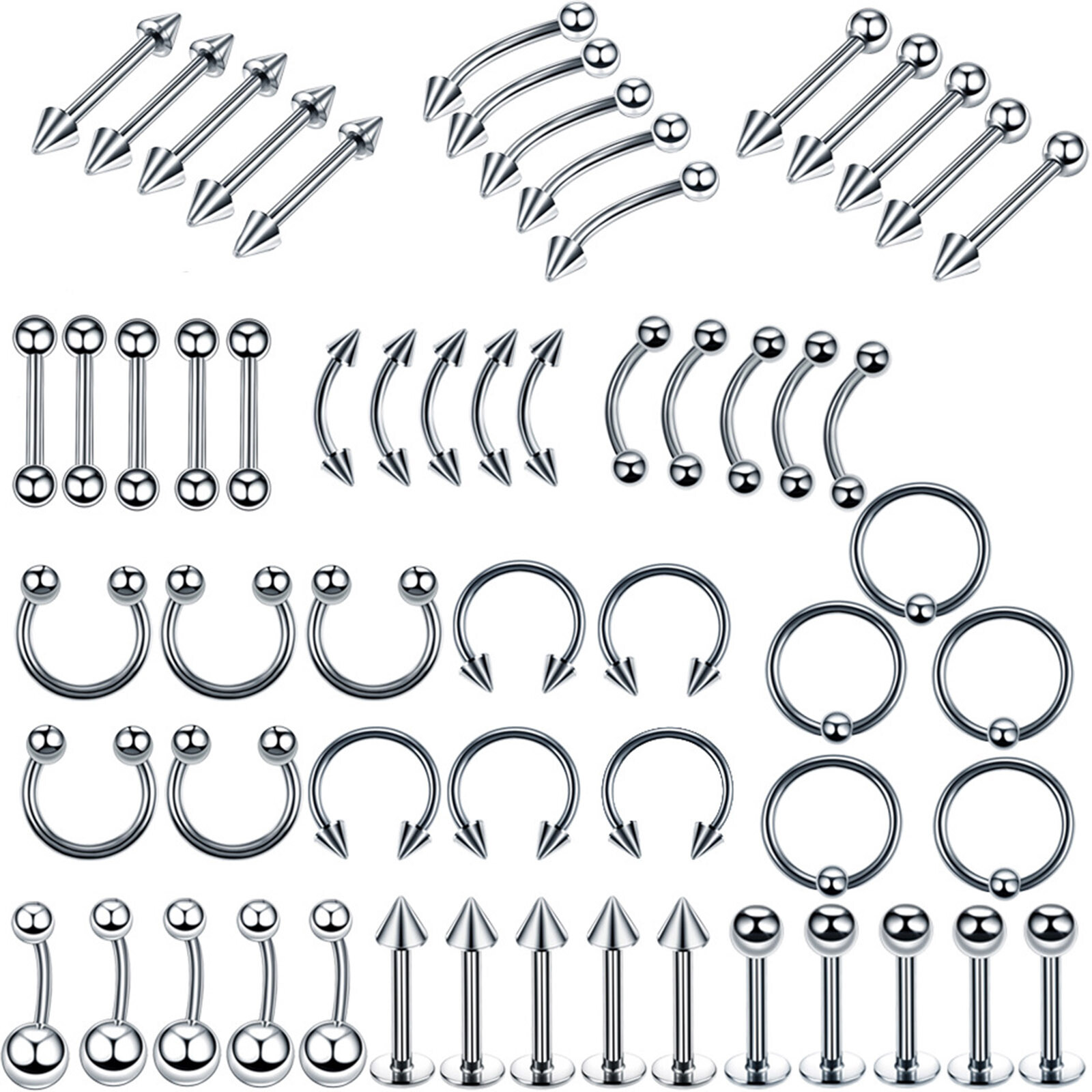 14G 16G Body Piercing Kit 20-60PCS Navel Nose Rings Lip Tongue Eyebrow Ear Studs