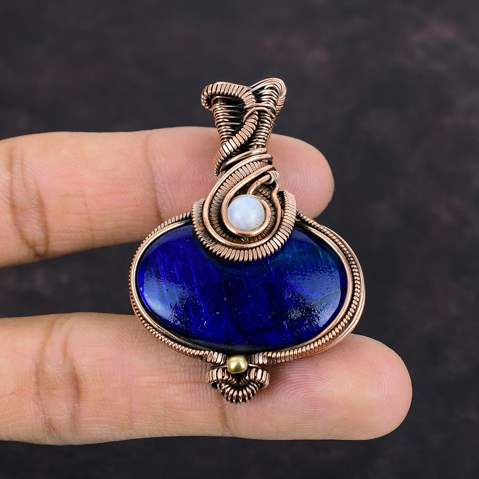 Blue Fire Labradorite Copper Gift For Briedsmaid Wire Wrapped Pendant 2.24″