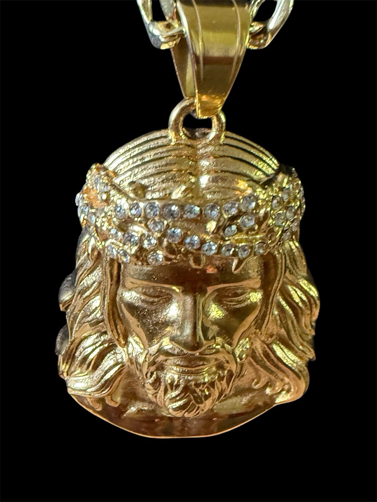 Gold Figaro Chain none tarnish Jesus Head Pendant White CZ Lobster