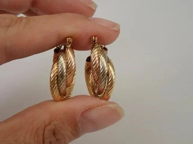 Estate Vintage 14K Yellow Rose White Gold Plated Silver TRI COLOR Hoop Earrings