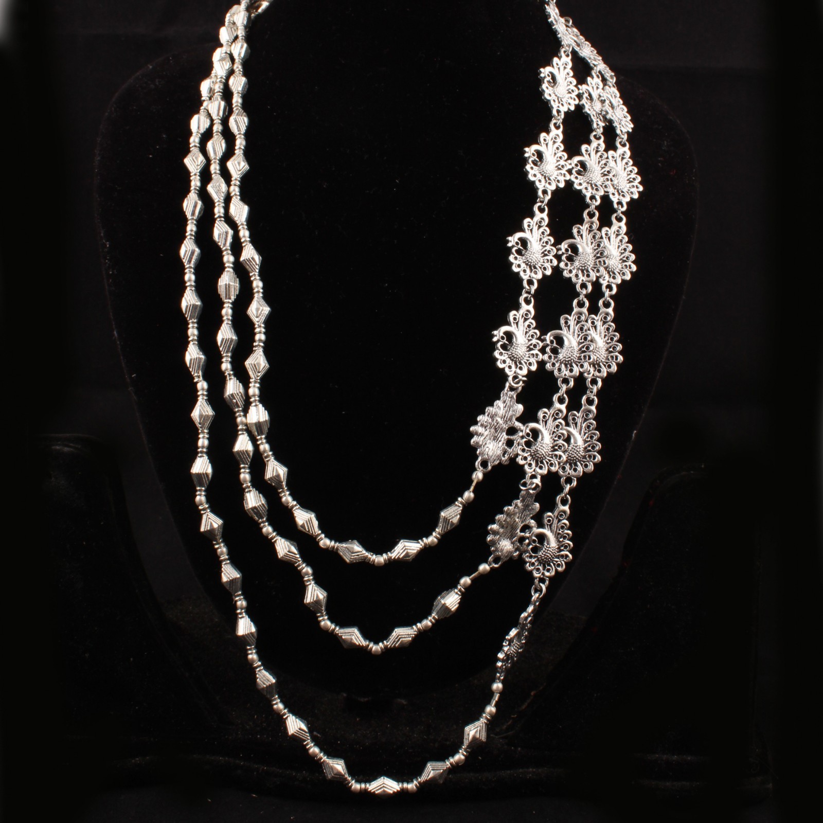 Oxidized Silver Plated Tribal Layered Necklace, Boho Statement Bib Necklace