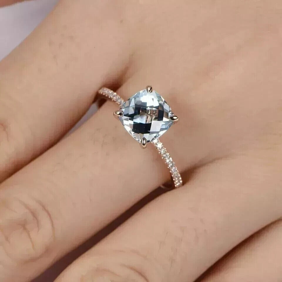 1Ct Cushion Cut Aquamarine Diamond Engagement Ring 14K Rose Gold Plated