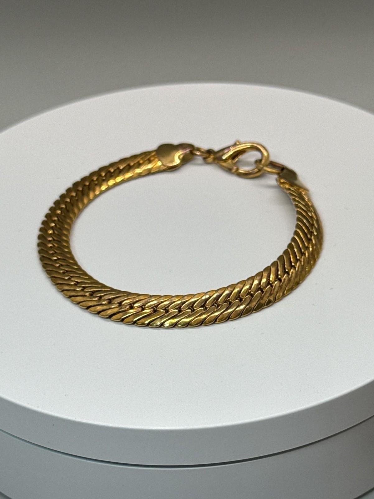 Gold Tone Chunky Herringbone Chain Snake Link Bracelet Curbed Statement Vintage