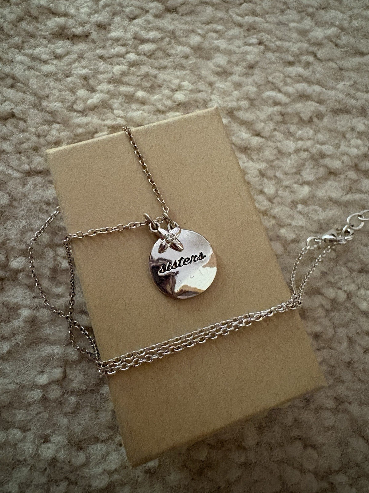 Sisters Silver Tone Round Disc Charm Pendant Necklace Clear Crystal Adjustable