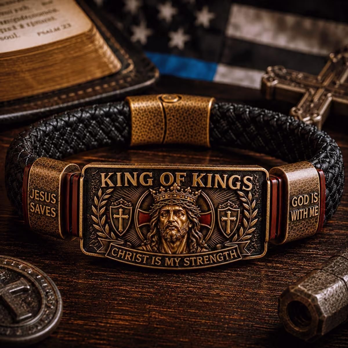 King of Kings Faith Bracelet – Adjustable Christian Wristband Jesus Saves Cross