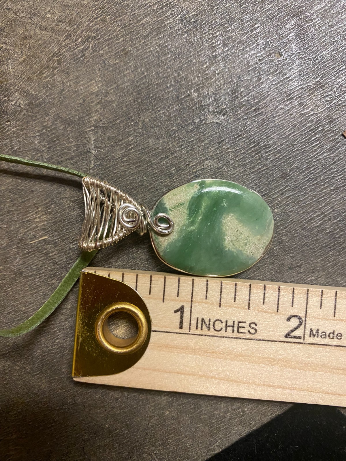 Green & Cream Colored Jade Oval Cabochon Silver Wire Wrap Pendant Suede Band