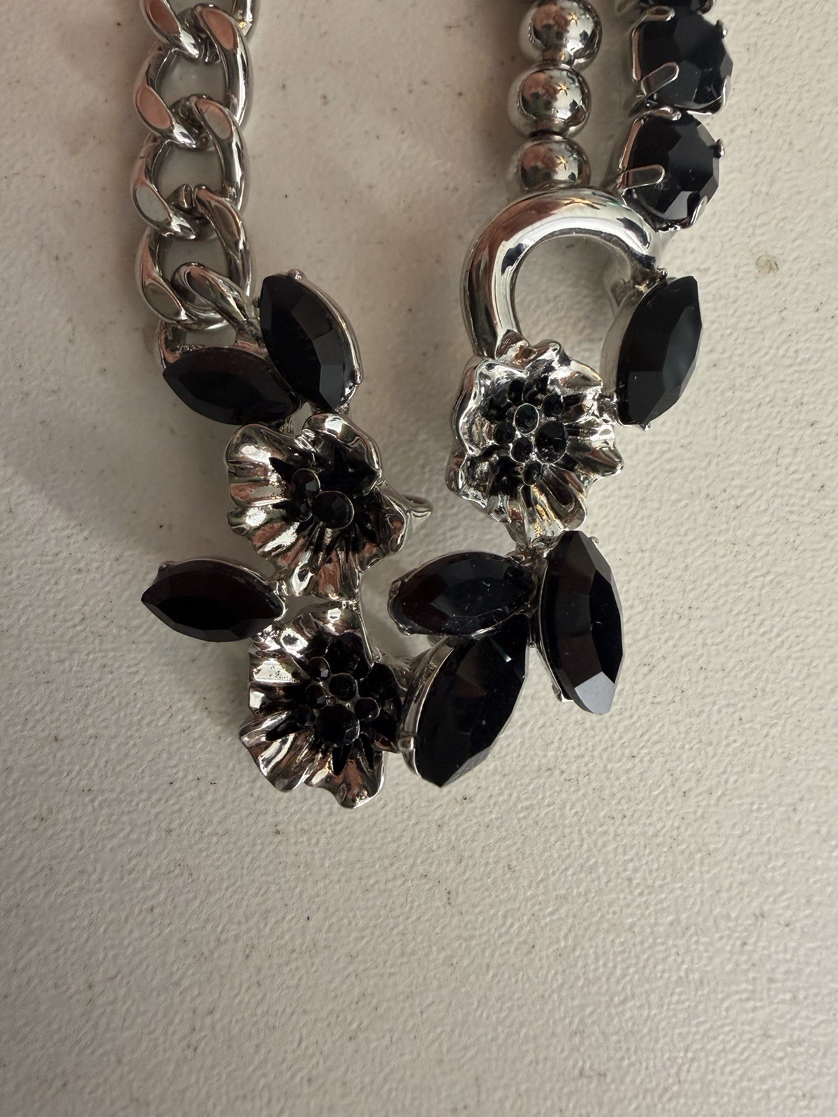 Black Crystal Floral Statement Necklace Silver Tone Unknown Marking Toggle 16”