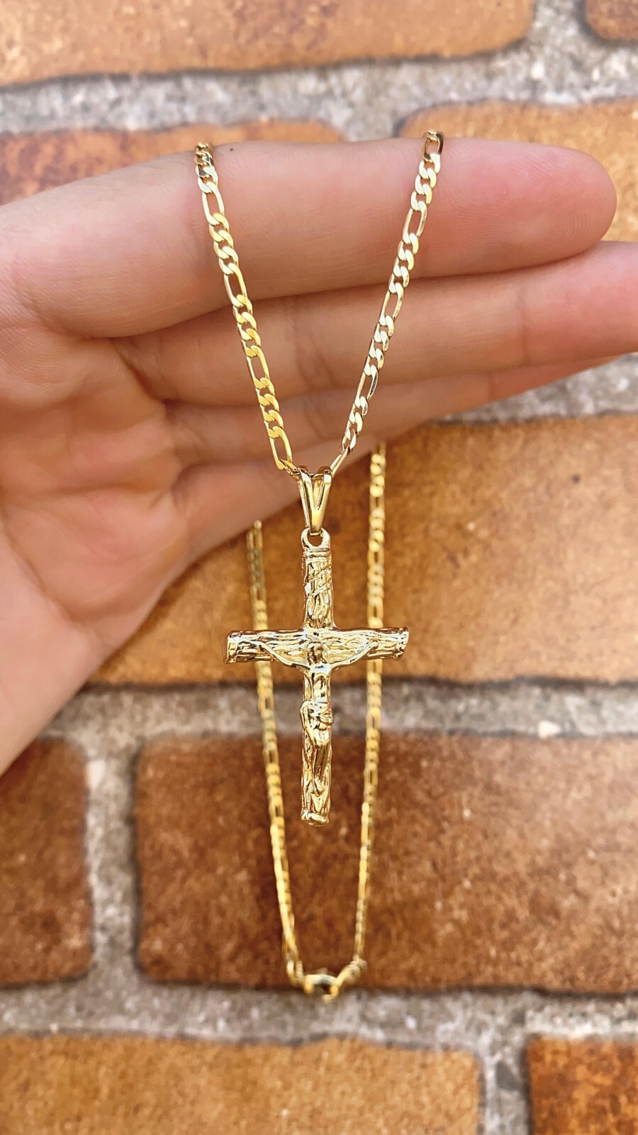 14K Gold Filled Cross Necklace CZ Figaro Chain Mens Womens Crucifix Cadena Cruz