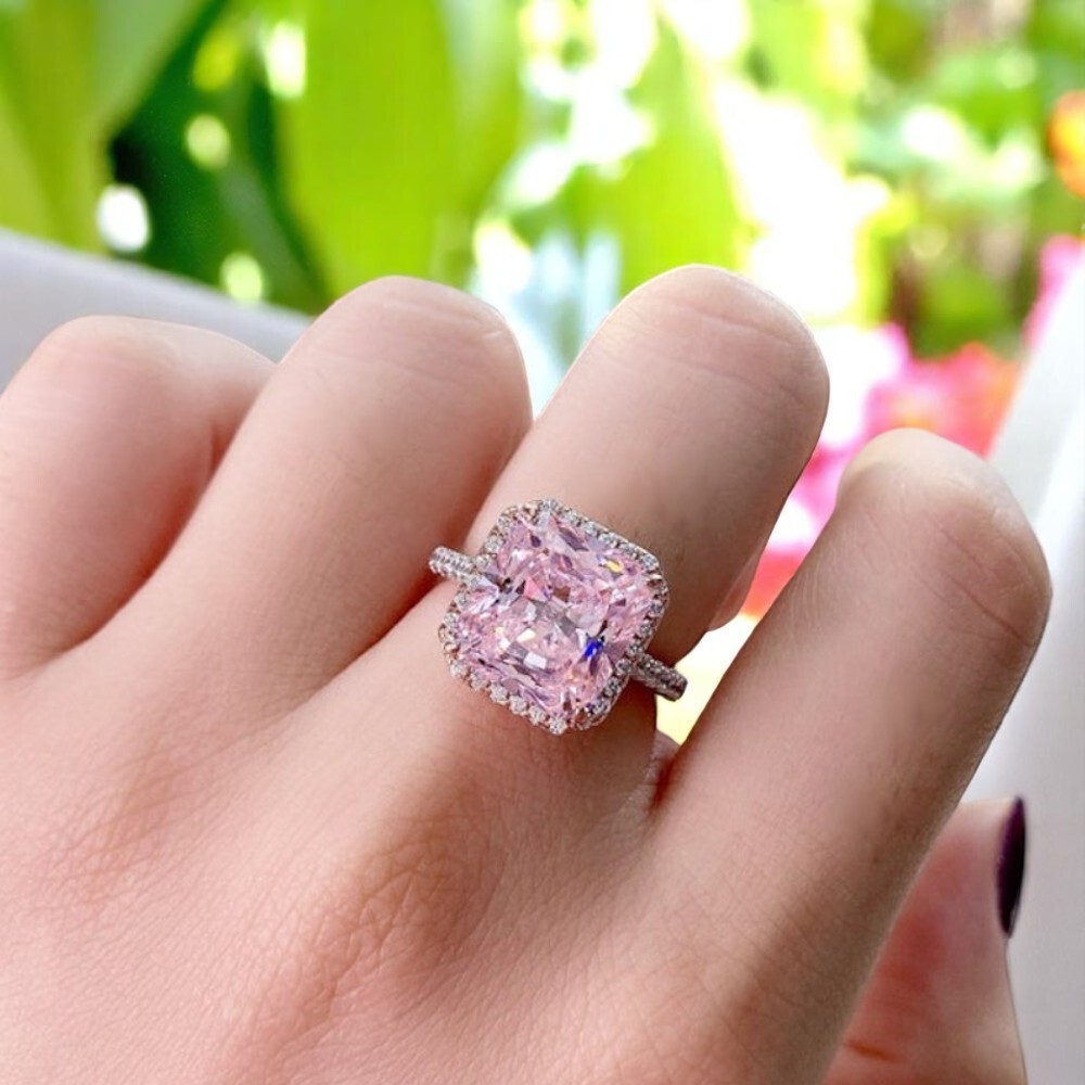 14K White Gold Wedding Ring Lab Created Pink Sapphire Diamond 4.40 Carat Radiant