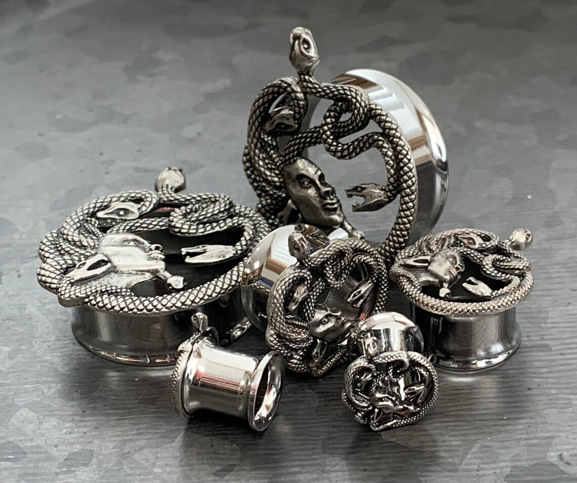 PAIR Medusa Steel Double Flare Tunnels Plugs Snake Gorgo Gorgan Earlet Gauges