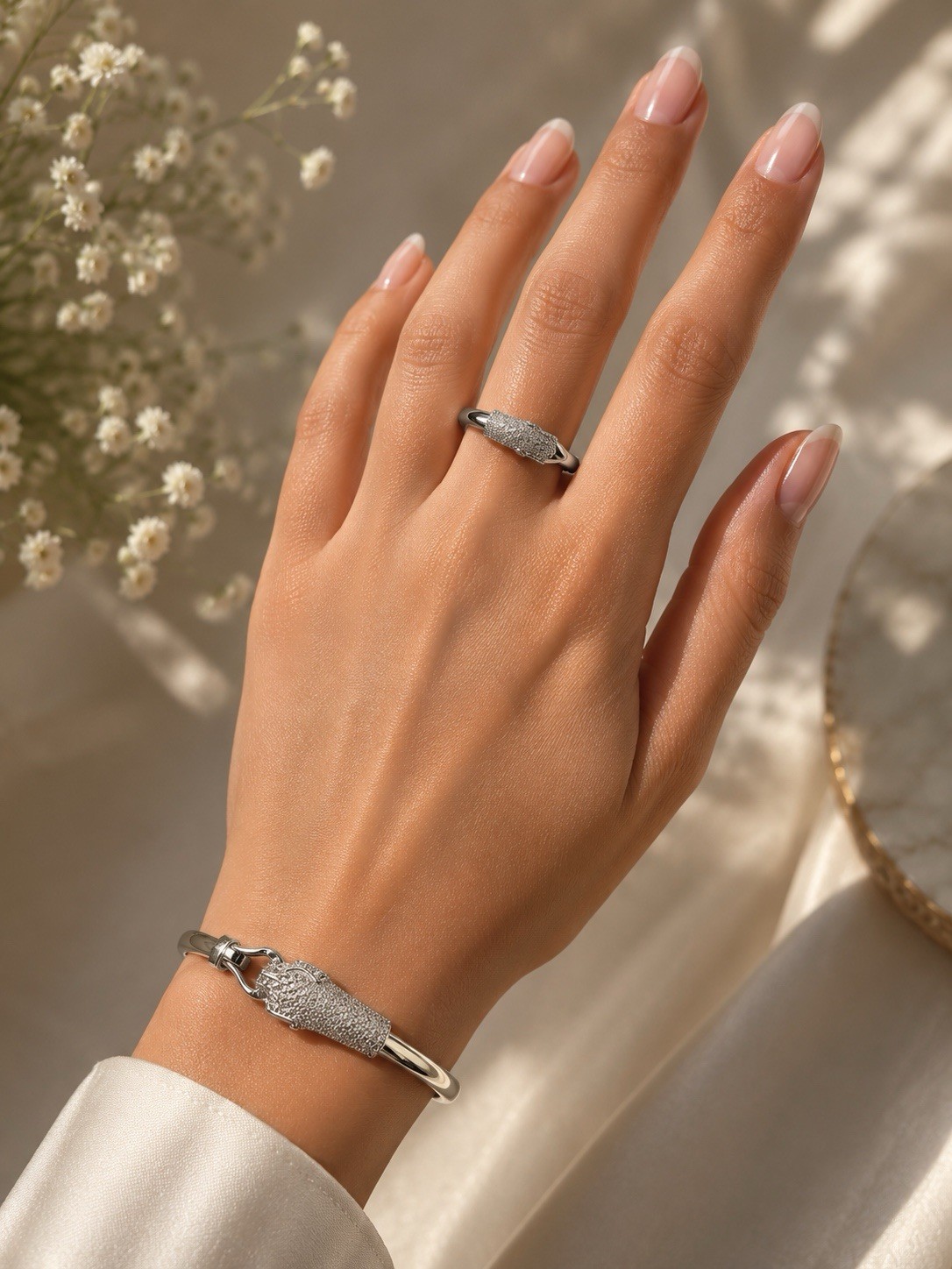 None fade none tarnished Gold or Silver Tone Bracelet Ring Set Clear CZ stone