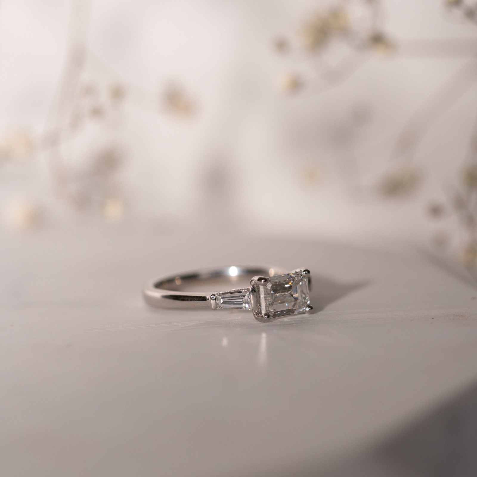 Emerald & Tapered Baguette Cut Lab Created Diamond Cluster Three Stone Ring