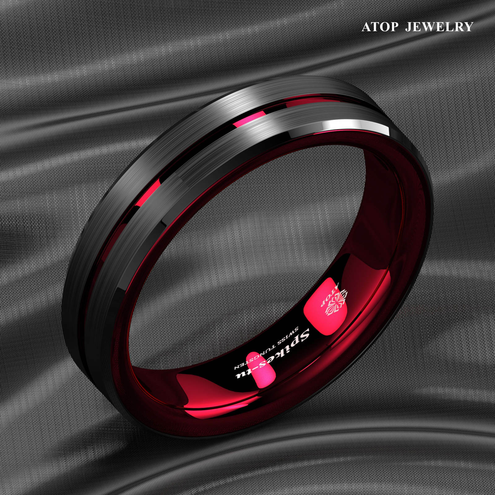 8/6mm Black Tungsten Carbide Thin Red Line Wedding Band Ring ATOP Men’s Jewelry