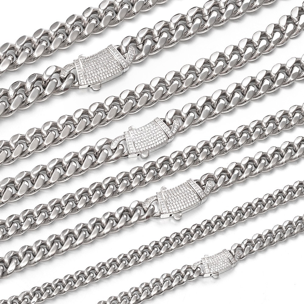 Men’s 8-14mm Stainless Steel Miami Cuban Link Chain Necklace Full Diamonds Lock
