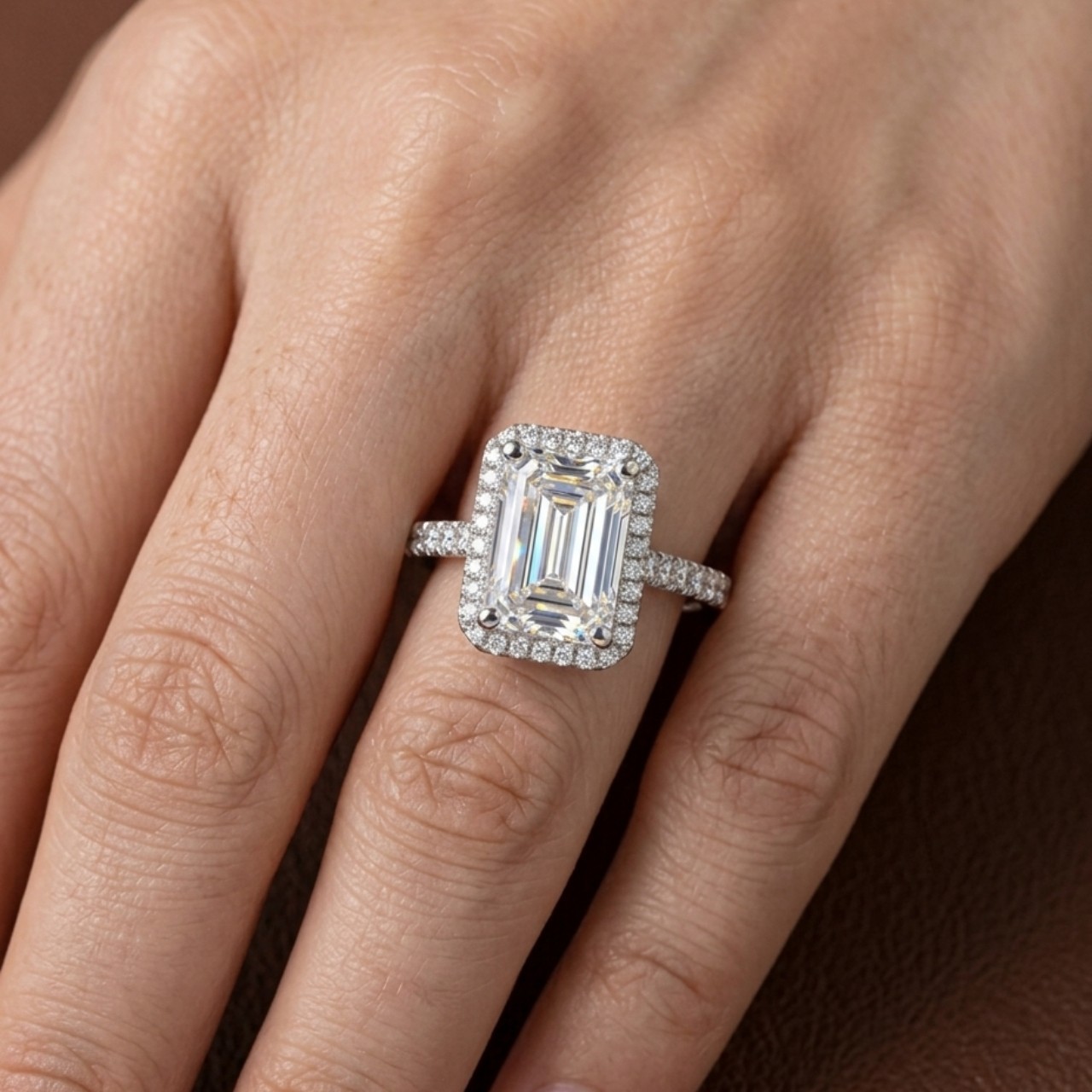 2.00 Ct Emerald Cut Halo Engagement Ring with Pavé Band Statement Jewelry