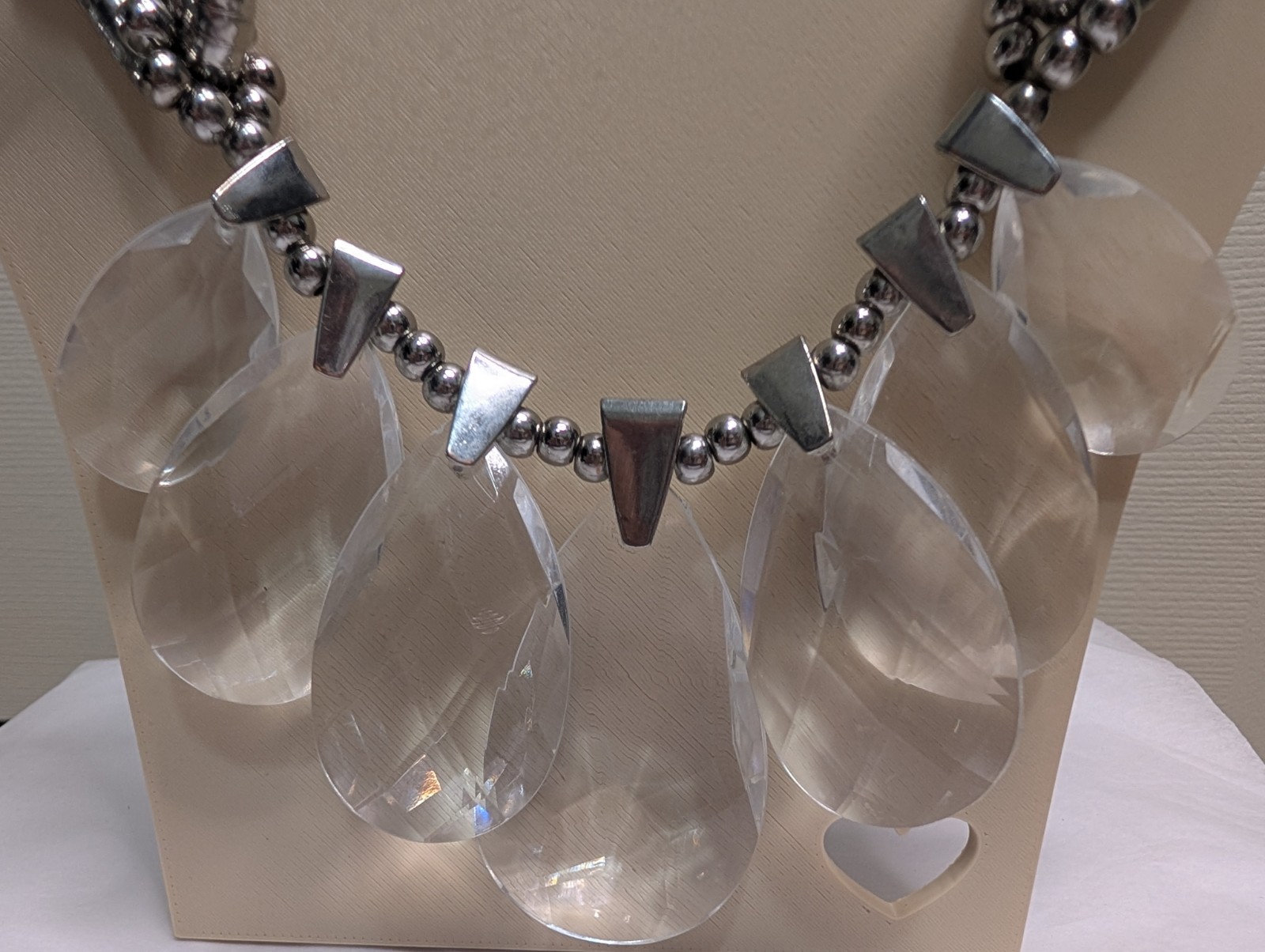 Silver Tone Link Chain Statement Necklace w/ Clear Plastic Drops Toggle
