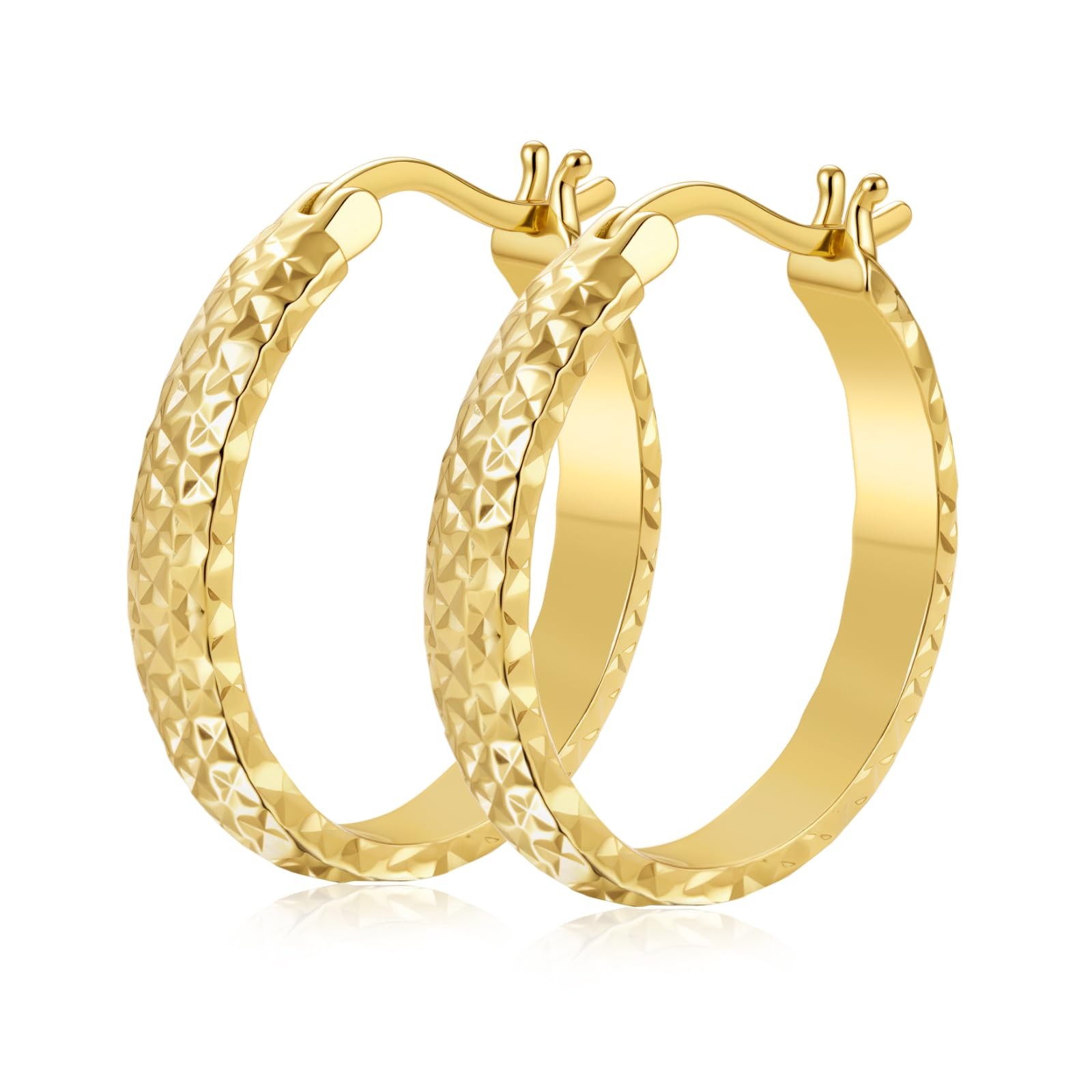 14K Yellow Gold Hoop Earrings for Women 4.4mm*25mm Trendy Diamond Cut Texture…