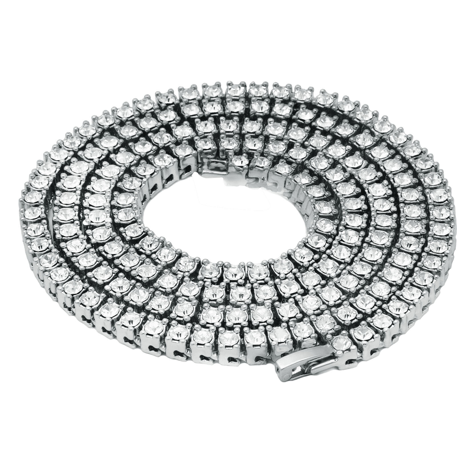 14k White Gold Plated Ice Cubic Zirconia 1 Row SILVER Chain Tennis Necklace