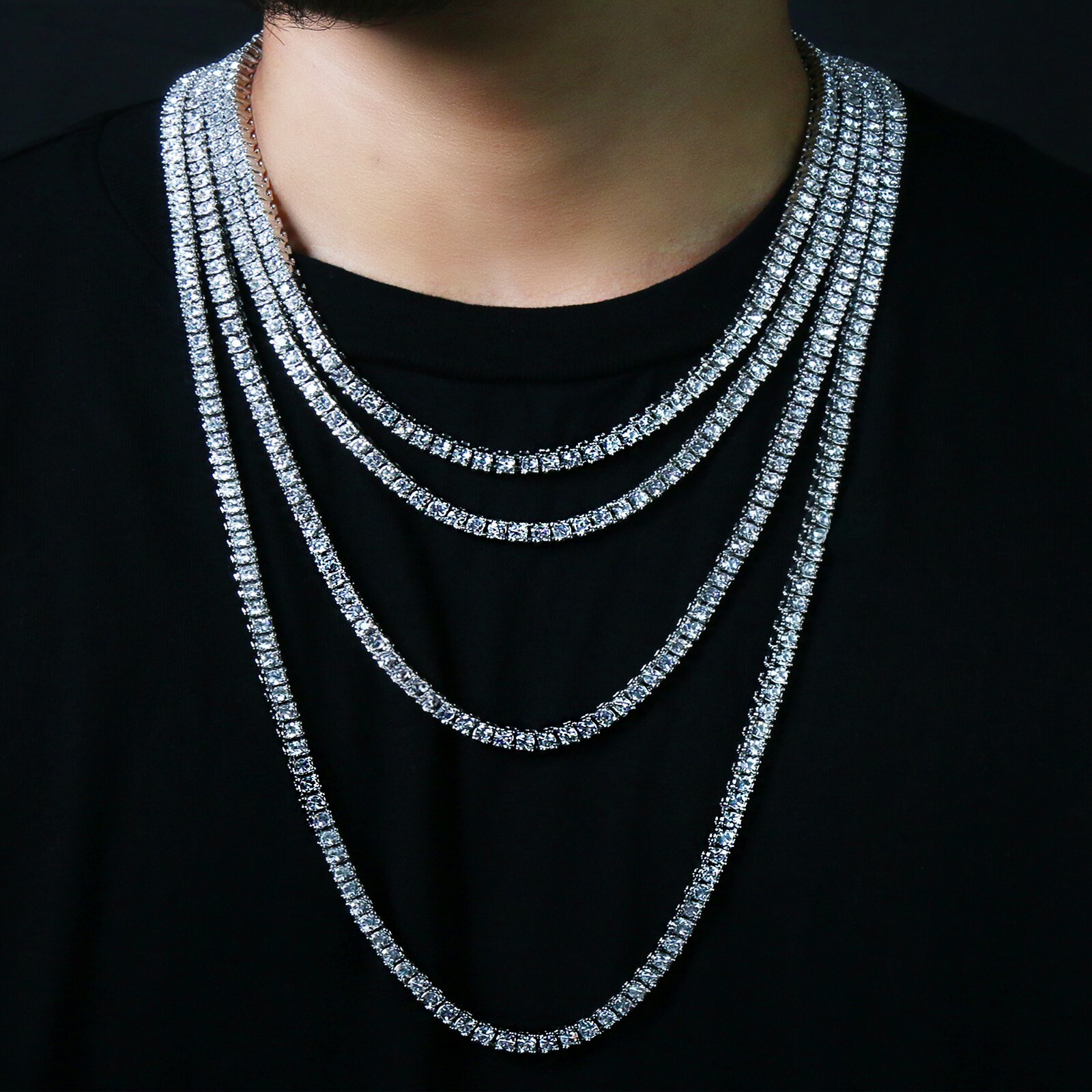 14k White Gold Plated Ice Cubic Zirconia 1 Row SILVER Chain Tennis Necklace