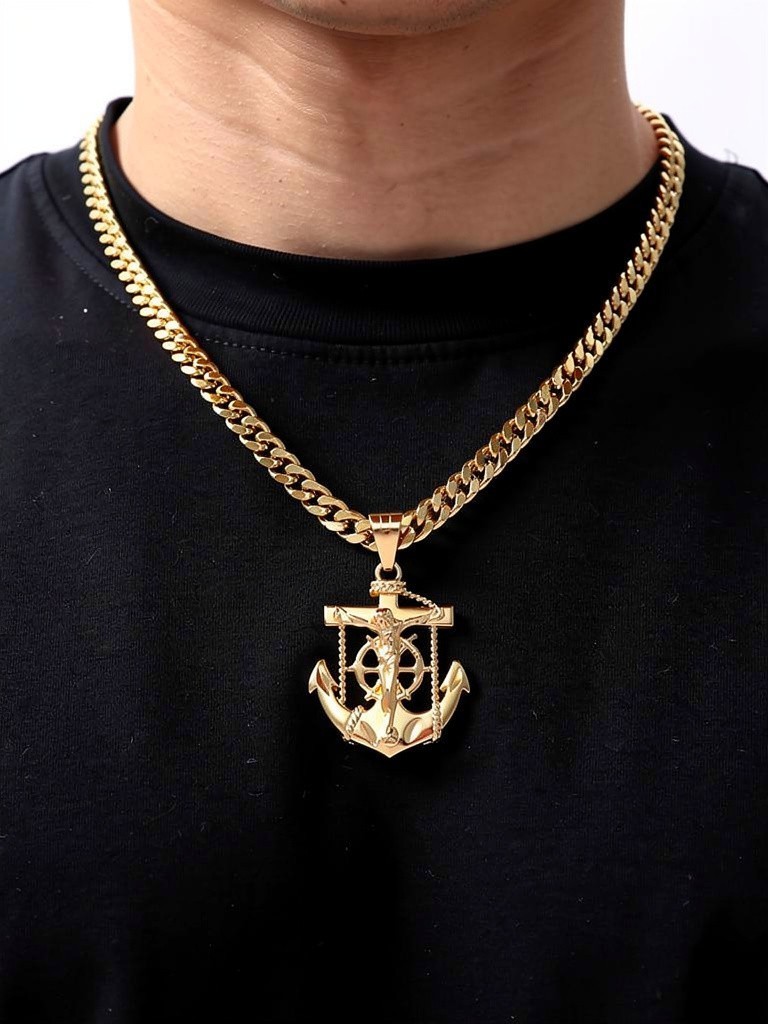 Gold Anchor Jesus Necklace, 14k Gold Plated, 7mm Curb Chain, No Fade