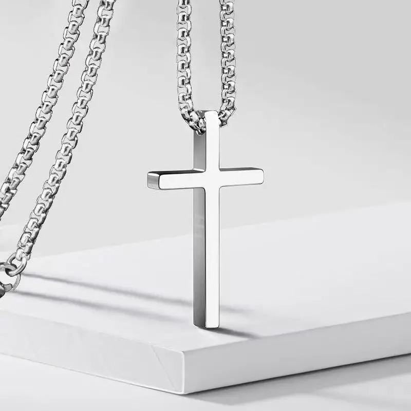 Men’s Hip Hop Cross Pendant Necklace Simple Punk Silver Titanium Steel Chain Fas