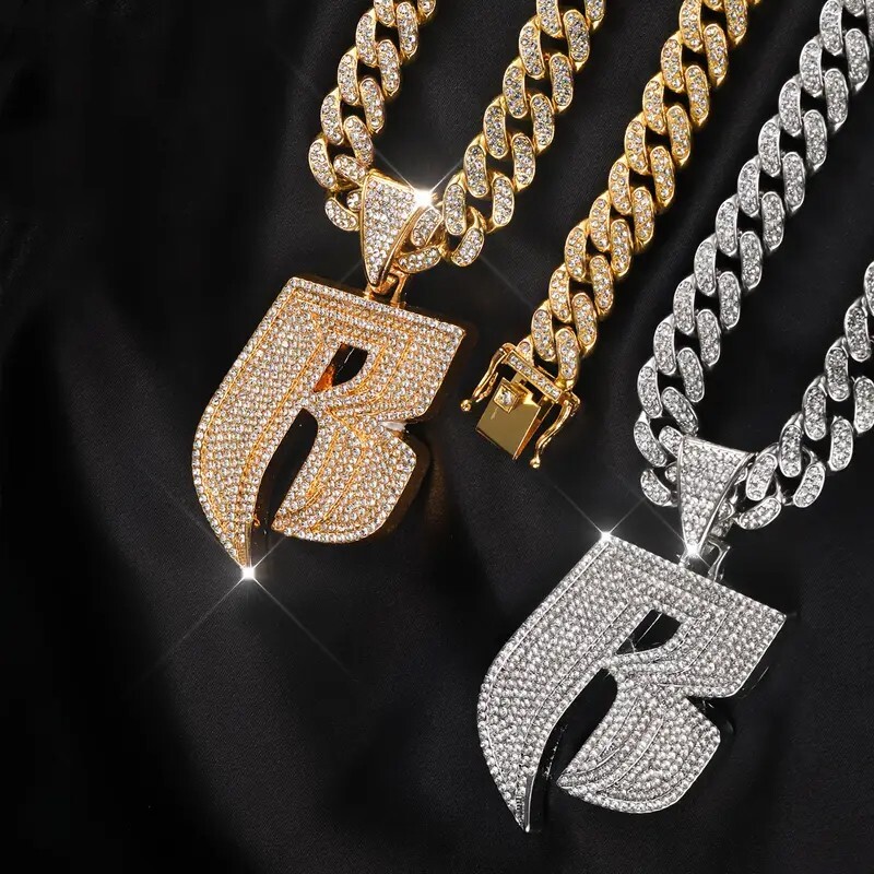 Ruff Ryder R Initial Large Pendant & Iced Cubic Zirconia Chain Hip Hop Necklace