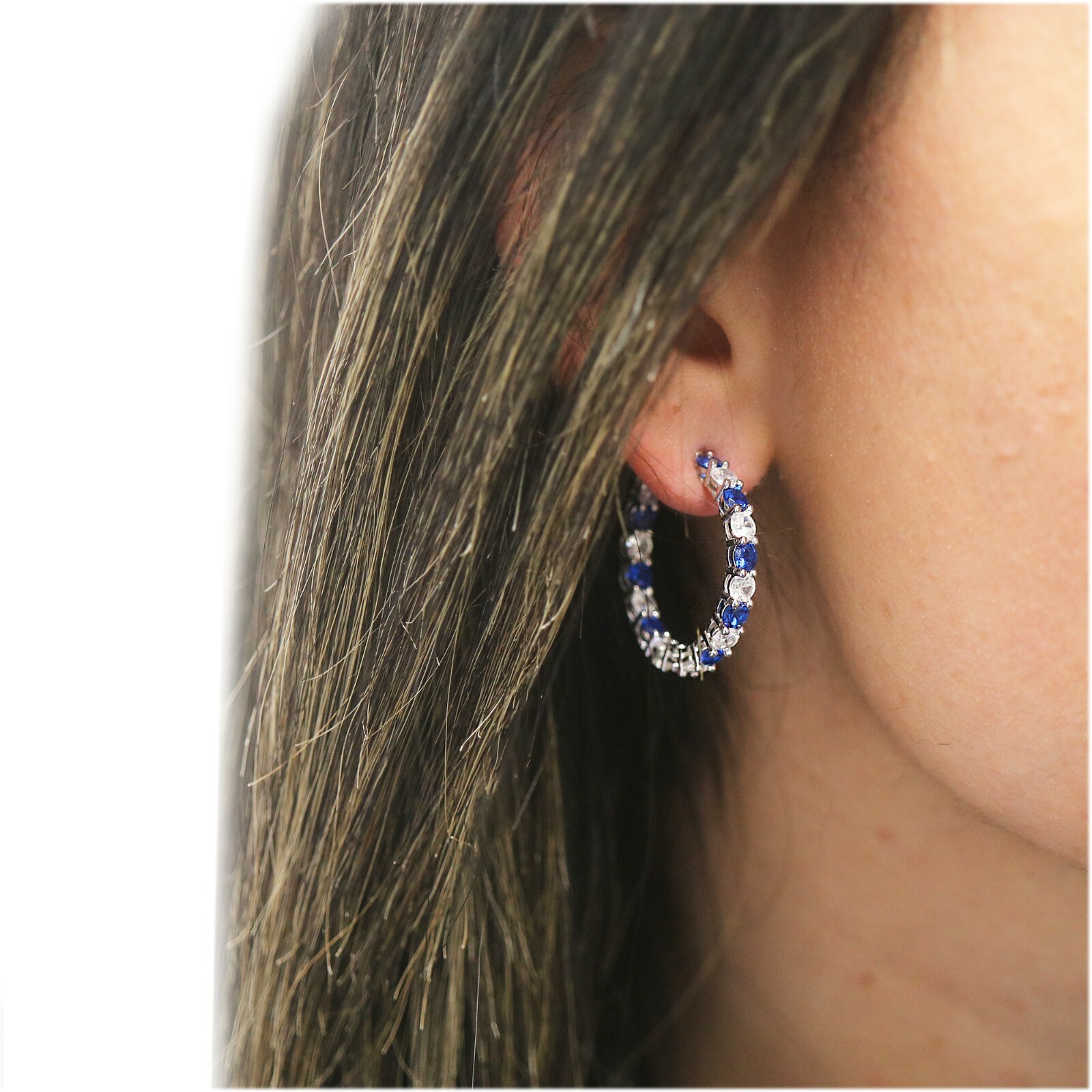 925 Sterling Silver White & Sapphire CZ Hoop Earrings Jewelry Gift For Women