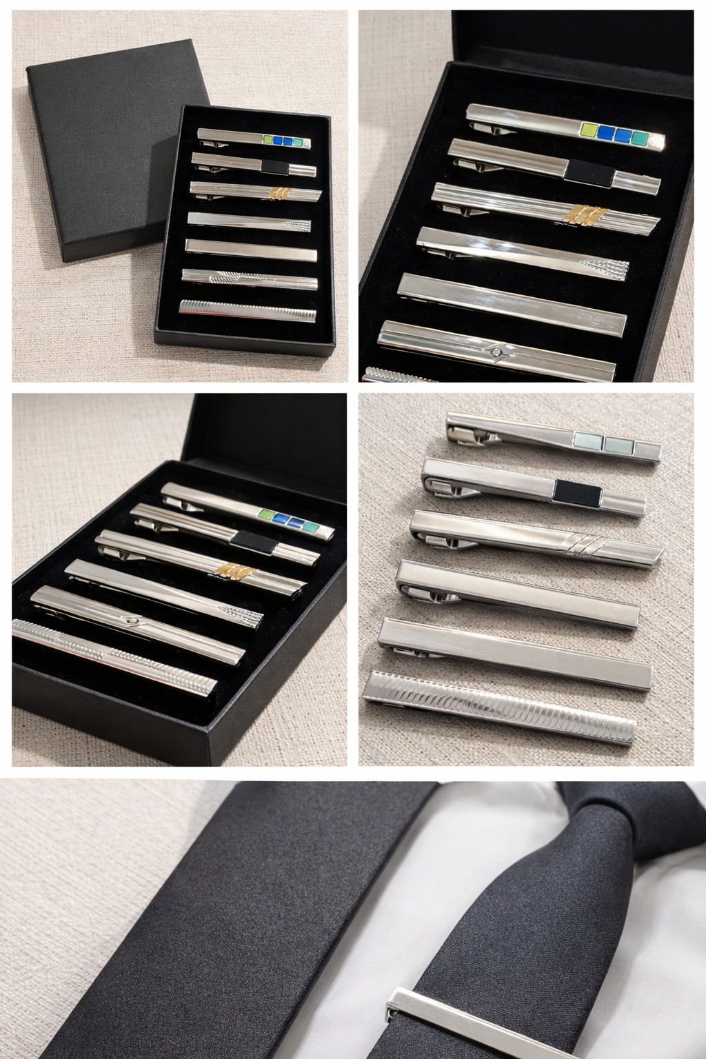 Men’s Silver Tone Tie Clips Set of 8 Classic & Modern Necktie Bars Nice Gift Box