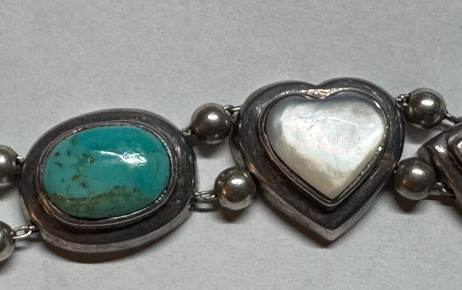 925 Thailand Sterling Silver Turquoise Mother of Pearl Link Bracelet 31g