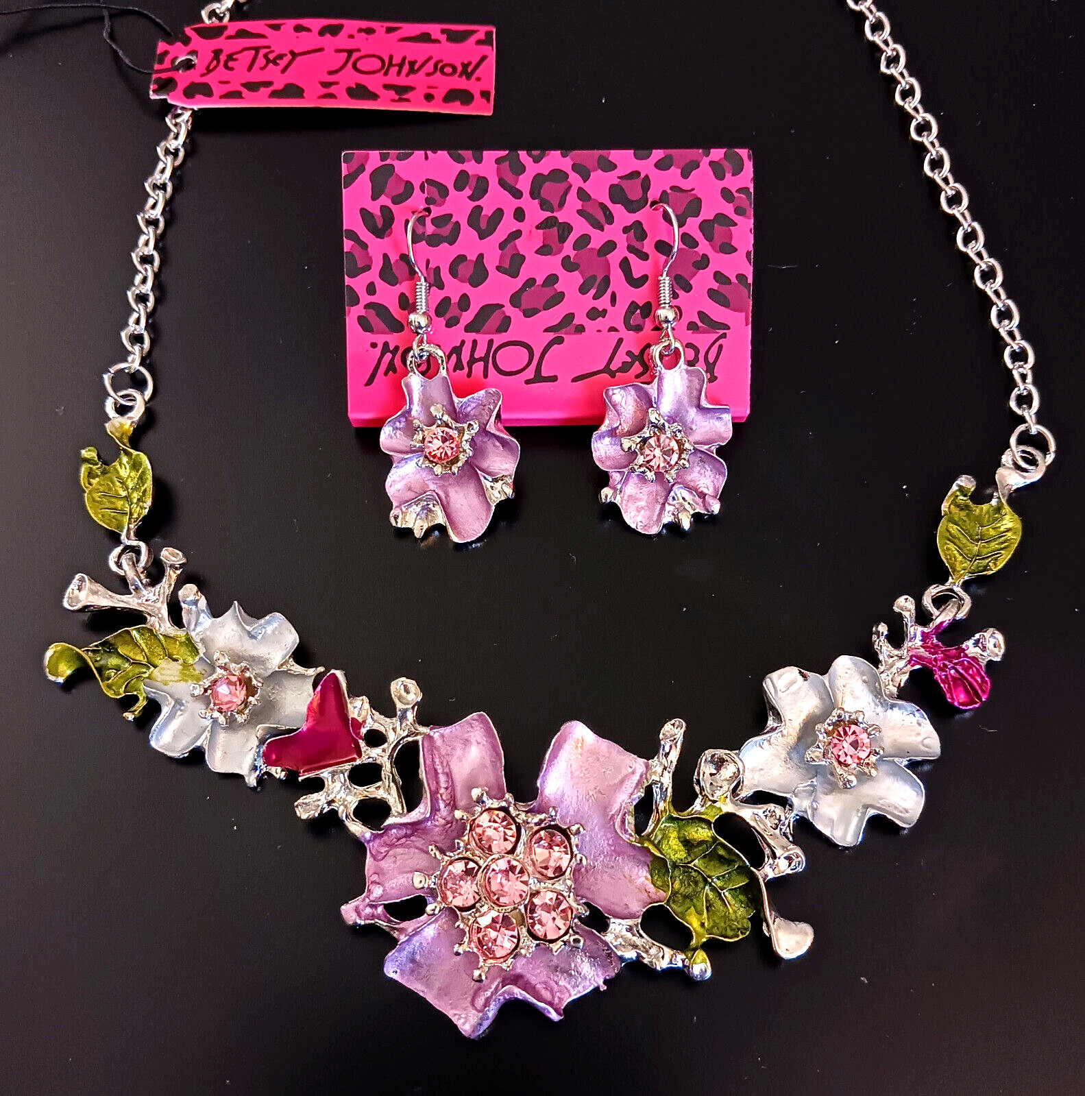 Bouquet Pink FLOWER GARDEN Floral Rhinestone Betsey Johnson Necklace Earring Set