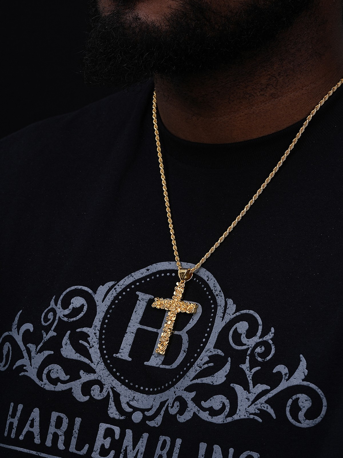 Mens Large Gold Nugget Cross 14k Gold Plated Solid 925 Silver Necklace Chain