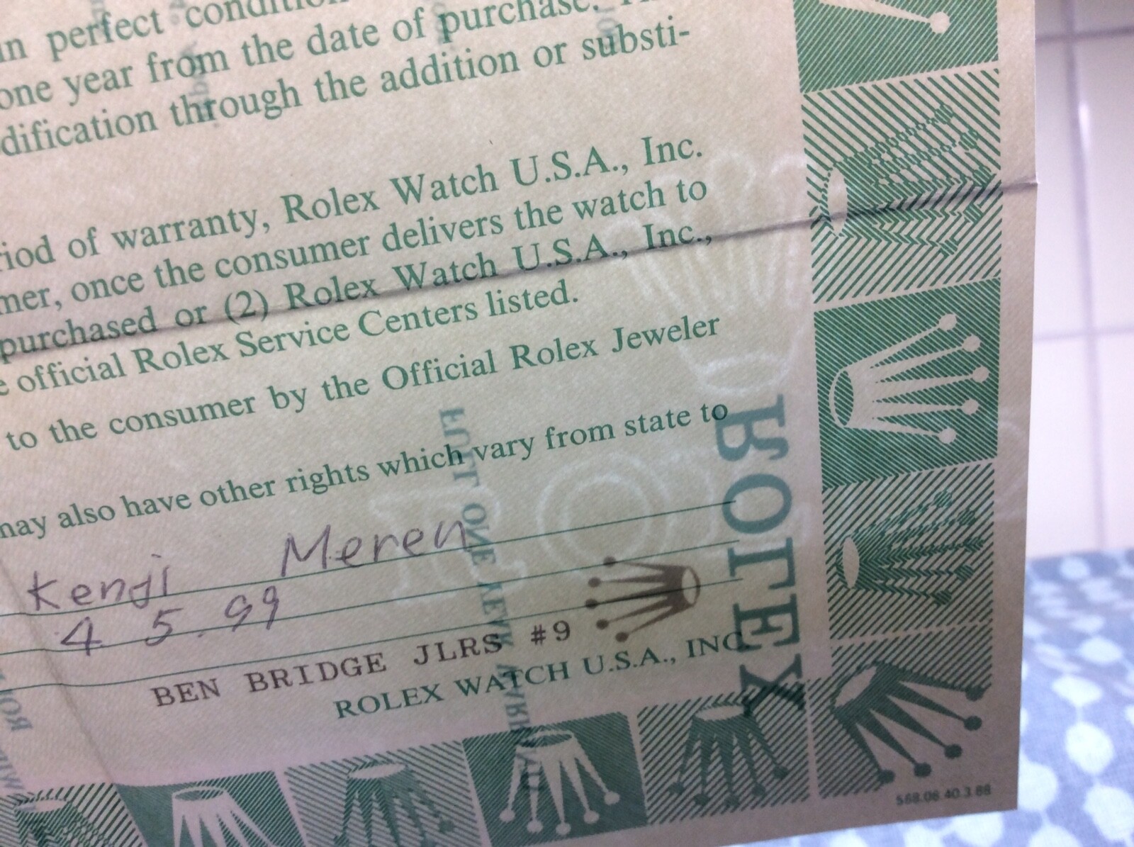 ROLEX FULL ONE YEAR WARRANTY 568.06.40.3.88 / Accessories for Collectors