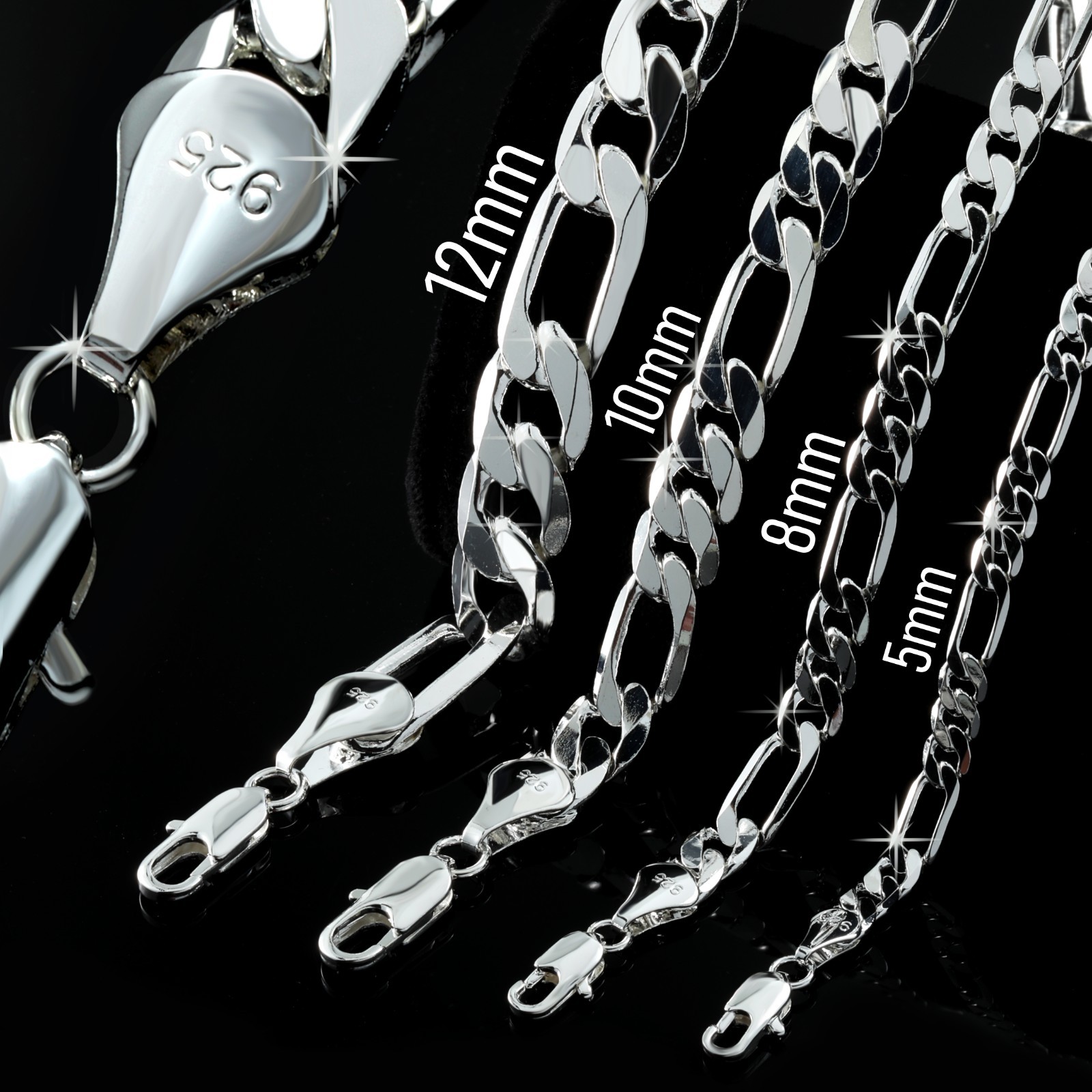 Figaro Chain 925 Silver Plated 5, 6, 7, 8, 9, 10, 11, 12mm – 24″ & 30″ Men Women