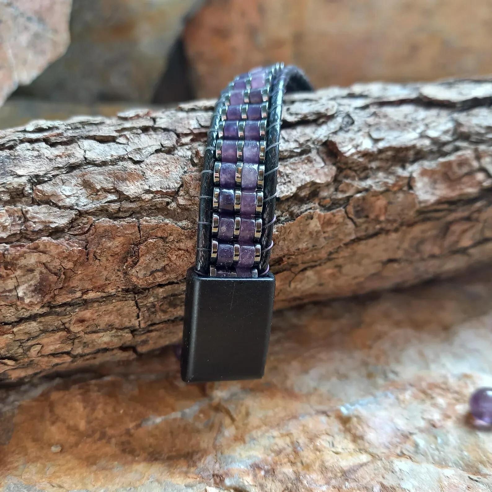 Natural Amethyst & Hematite Beads Purple Gemstone Strength Men Leather Bracelet