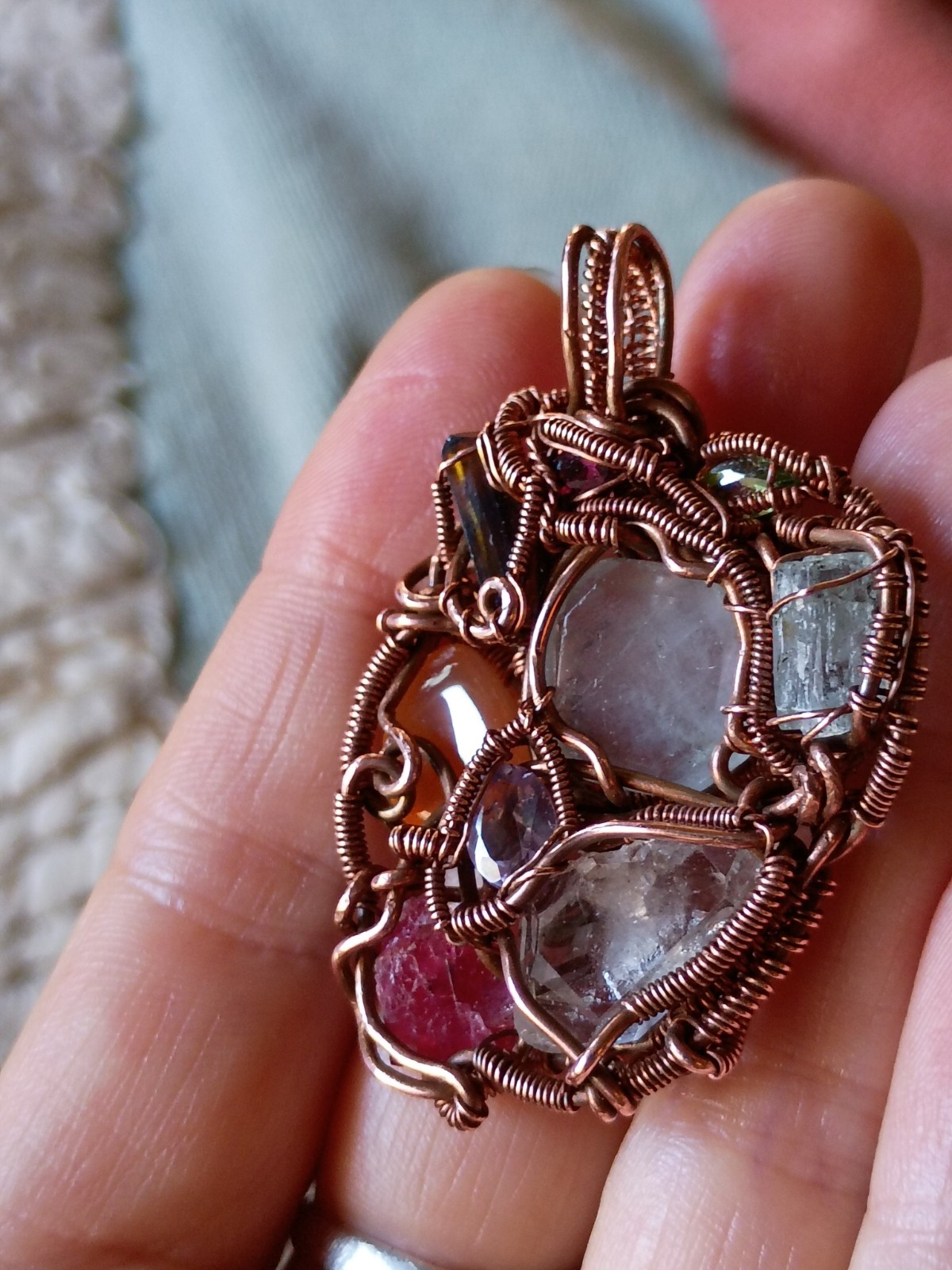 Multicolor Multiple Gem Stone Pendant Necklace Copper Wirewrap Amulet