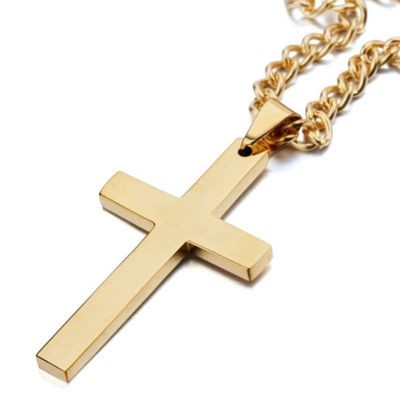 Men’s Cross Pendant Necklace Silver Chain Stainless Steel Figaro Necklace
