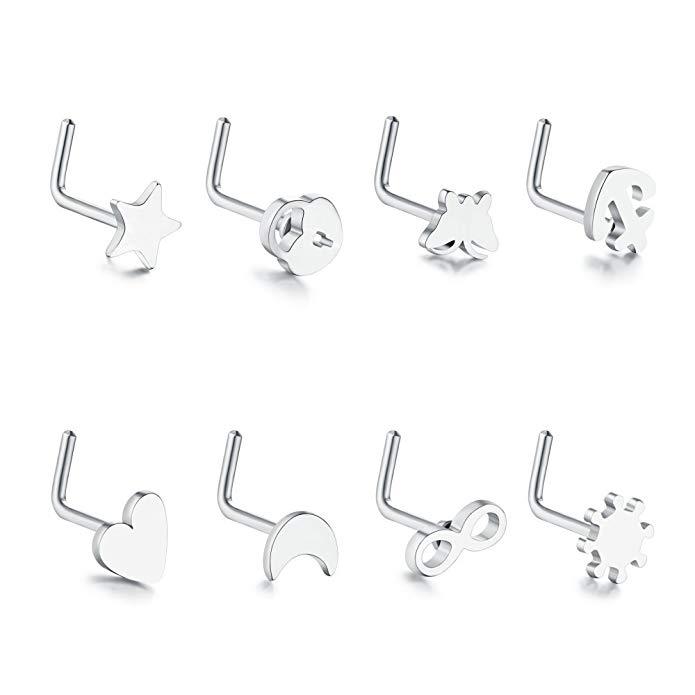 8 pcs Nose Ring L Shape Lip Ear Studs 20G Surgical Steel Mix Style Piercing Set