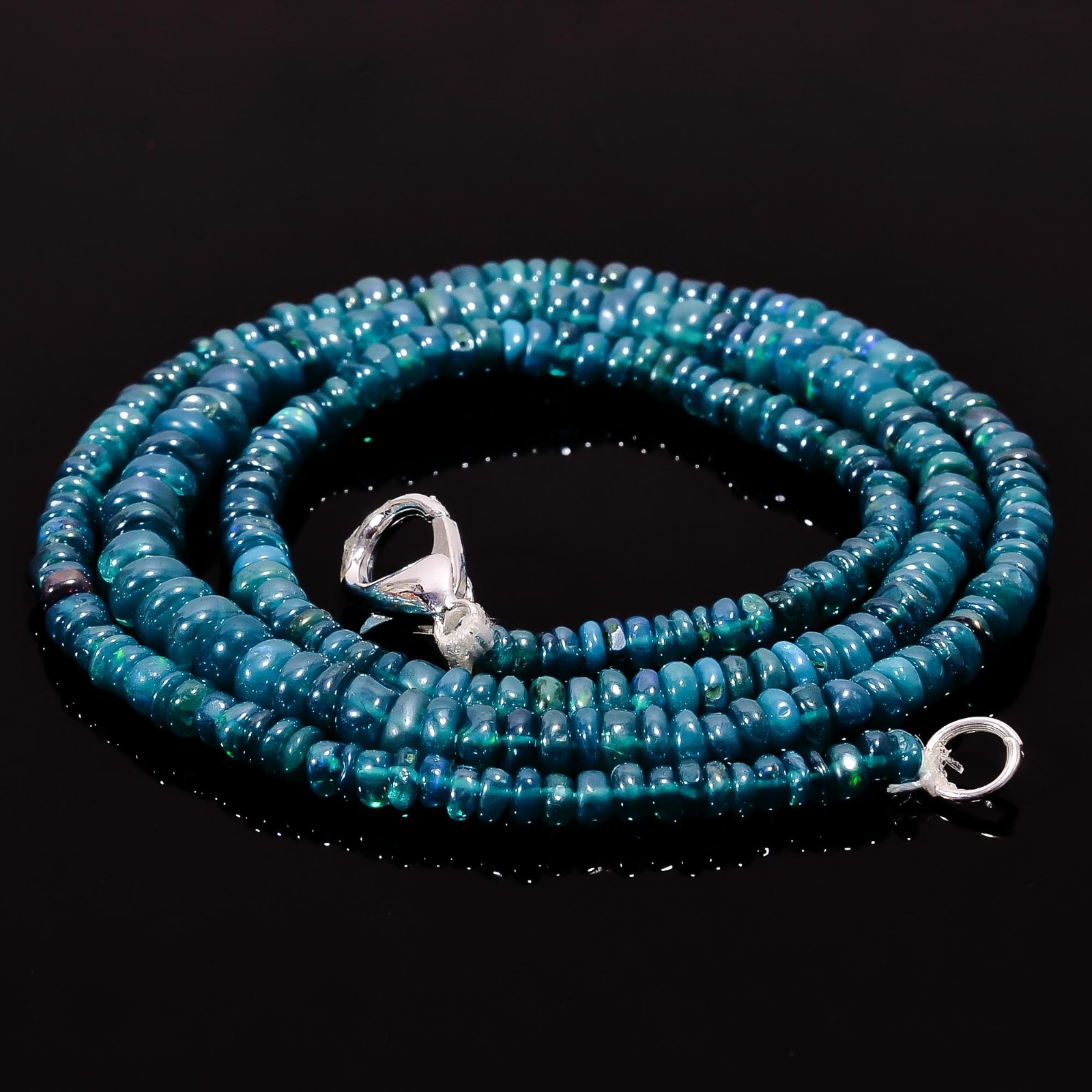 30 Ct. Welo Fire Green Ethiopian Opal Rondelle Smooth Beads Necklace 17″ A-3028