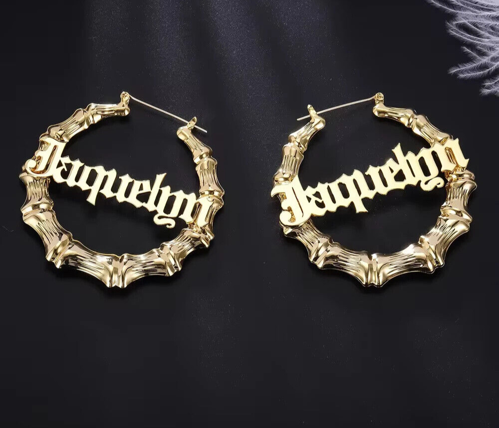 Custom Name Bamboo Hoop Earrings 30-100mm Large Small Medium Jewelry Women Gift