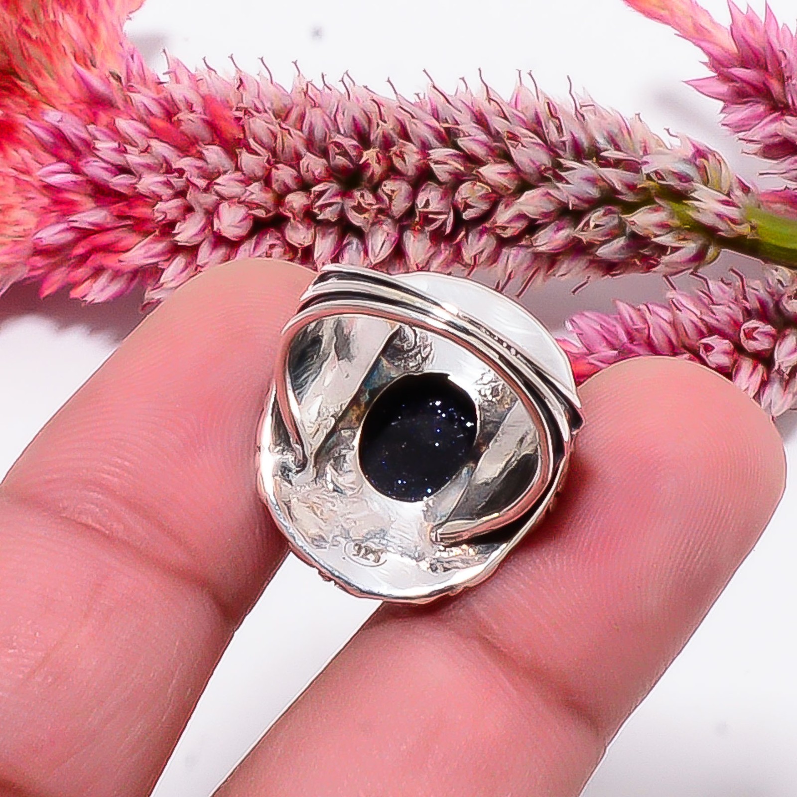 Blue Sunstone Fine Art Oxidised 925 Sterling Silver Ring S.6 R115541