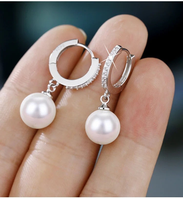 925 Sterling Silver Freshwater Pearl Earrings Crystal Women Wedding Party Gift